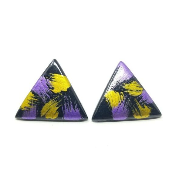 Vintage Purple and Yellow Triangle Stud Earrings, Funky Retro 80s Style Design - Picture 4 of 4